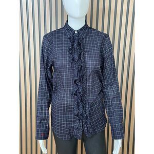 Lauren Ralph Lauren Women's Top Shirt Button-Up Ruffle Navy Plaid Classic Cotton